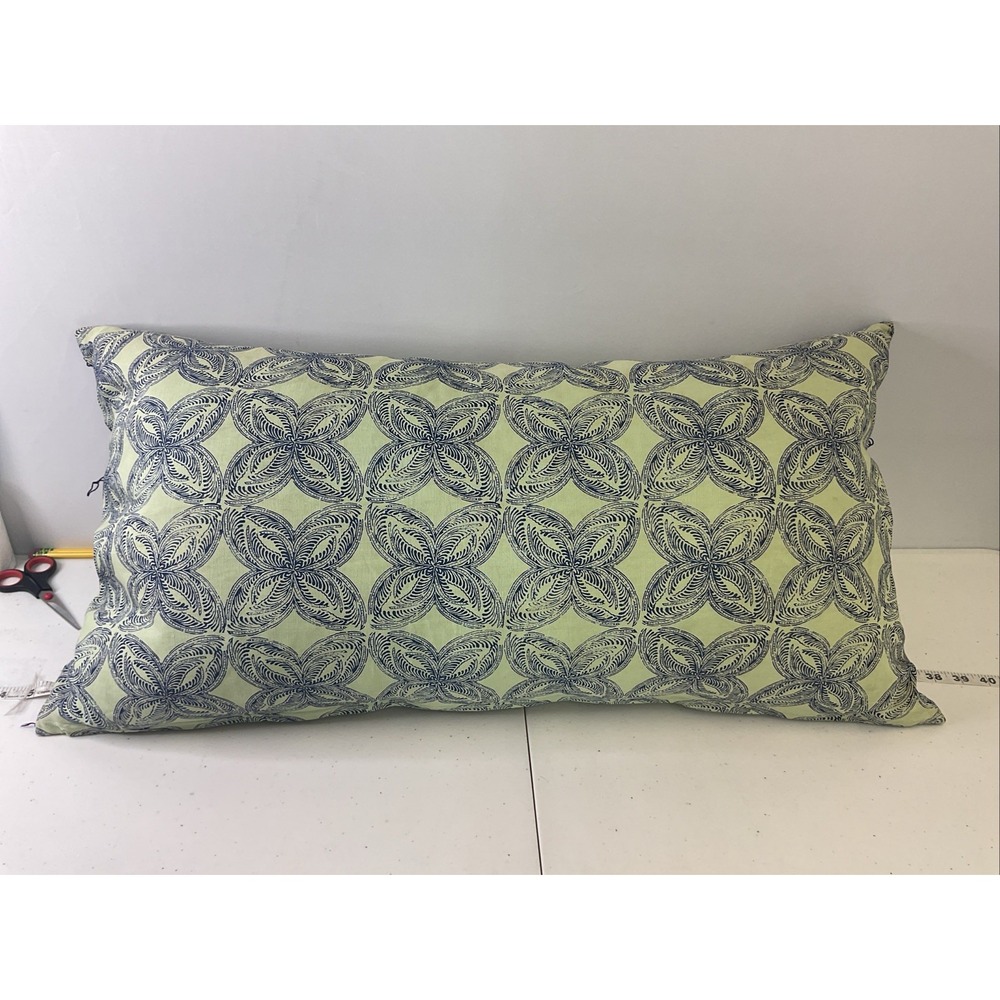 John Robshaw Textiles Atraj Bolster Pillow 17"x32" Linen Blue Floral Down Insert